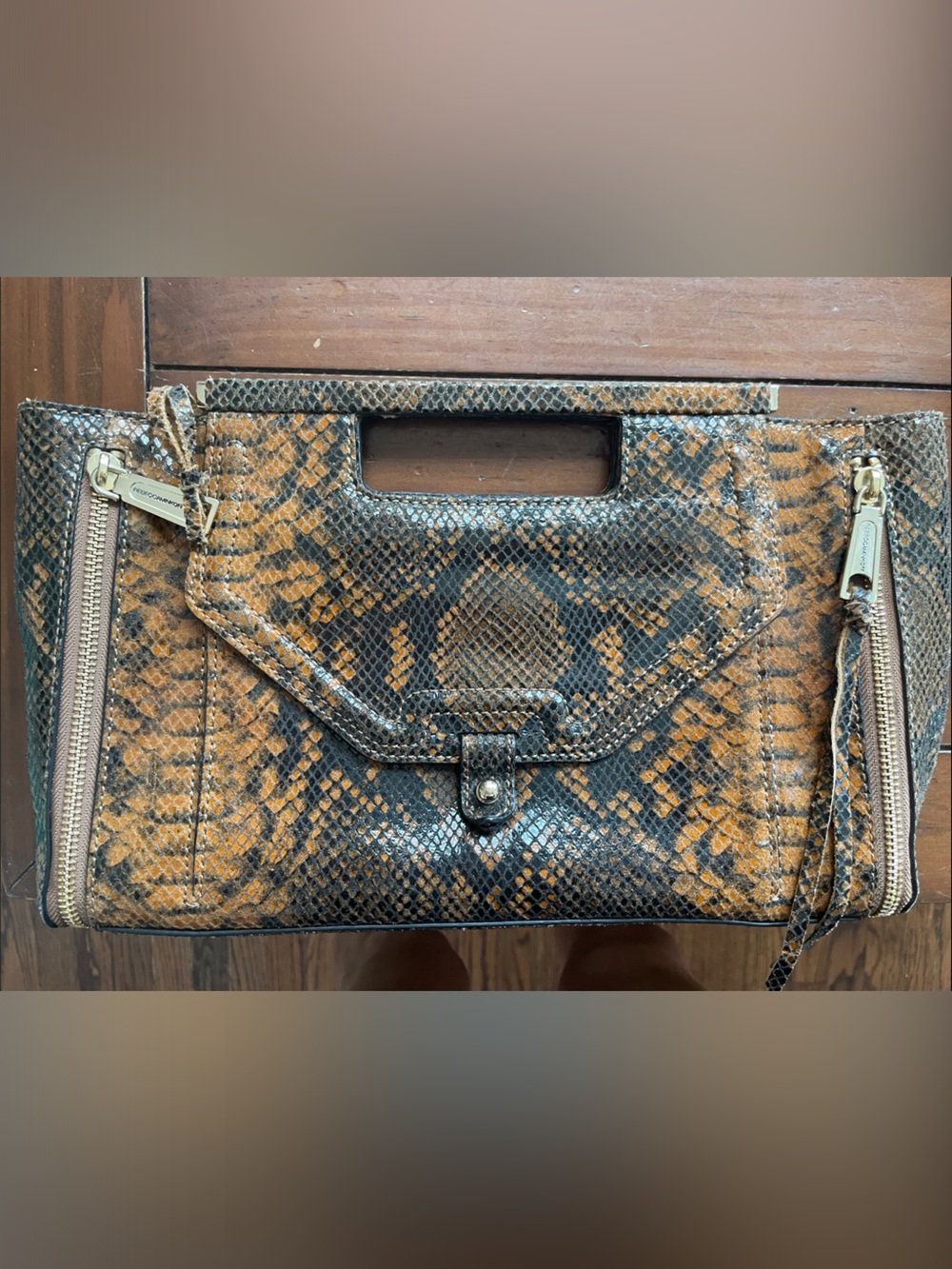 Rebecca Minkoff Snake-Embossed Clutch in Brown and Black